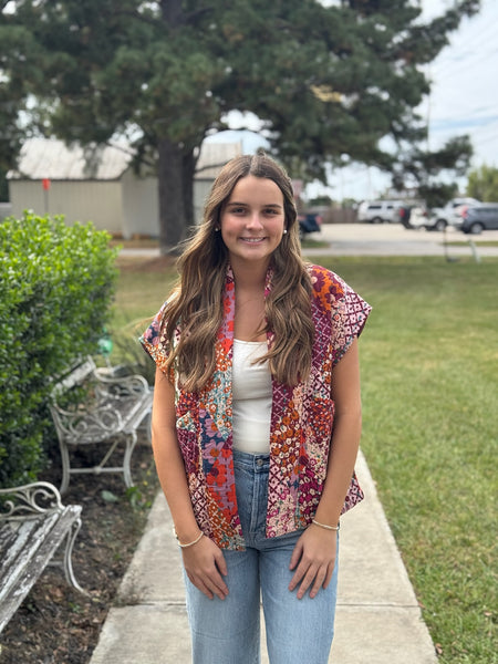 Patchwork Quilted Vest – Cactus Flower