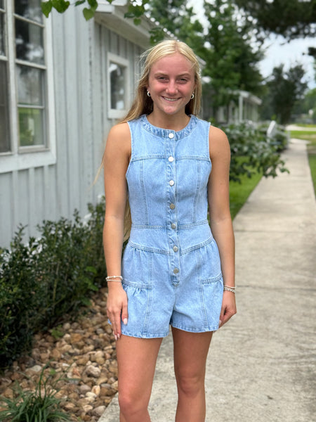 Naomi Sleeveless Light Denim Romper – Cactus Flower
