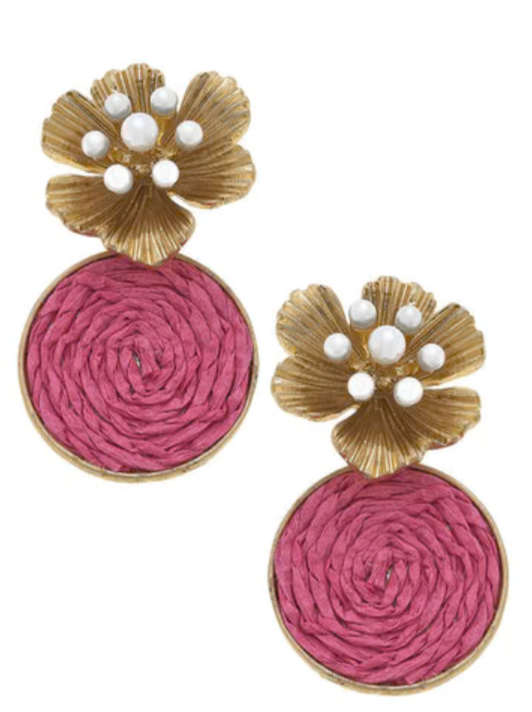 Palm Beach Pearl & Raffia Earrings in Pink