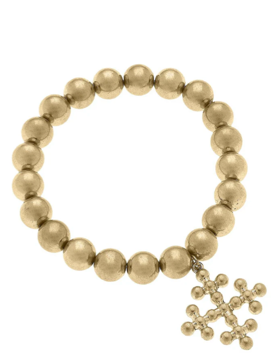 Wren Cross Ball Bead Stretch Bracelet in Worn Gold