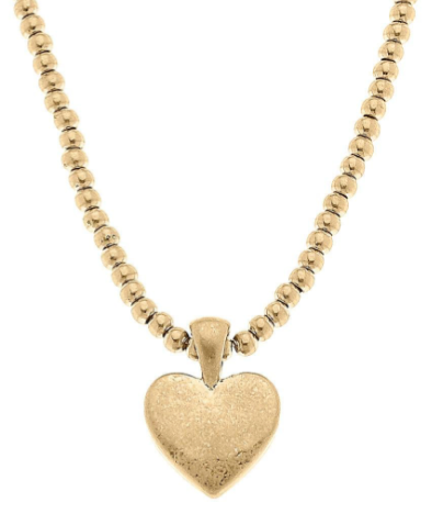 Macy Heart Pendant with Ball Bead Chain Necklace in Worn Gold