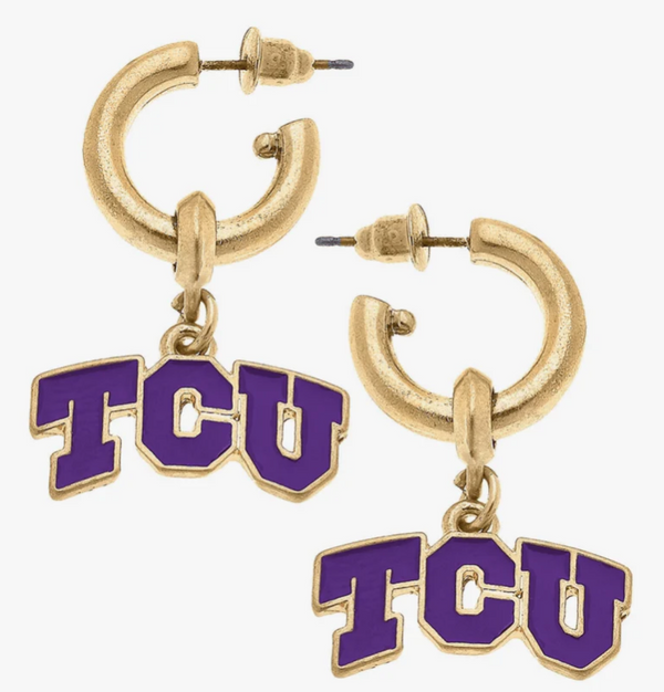 Texas Christian University Horned Frogs Resin Logo Drop Hoop Earrings in Purple
