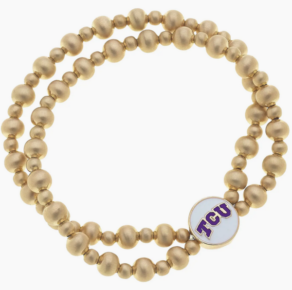 TCU Horned Frogs 2-Row Ball Bead Stretch Bracelet in Satin Gold