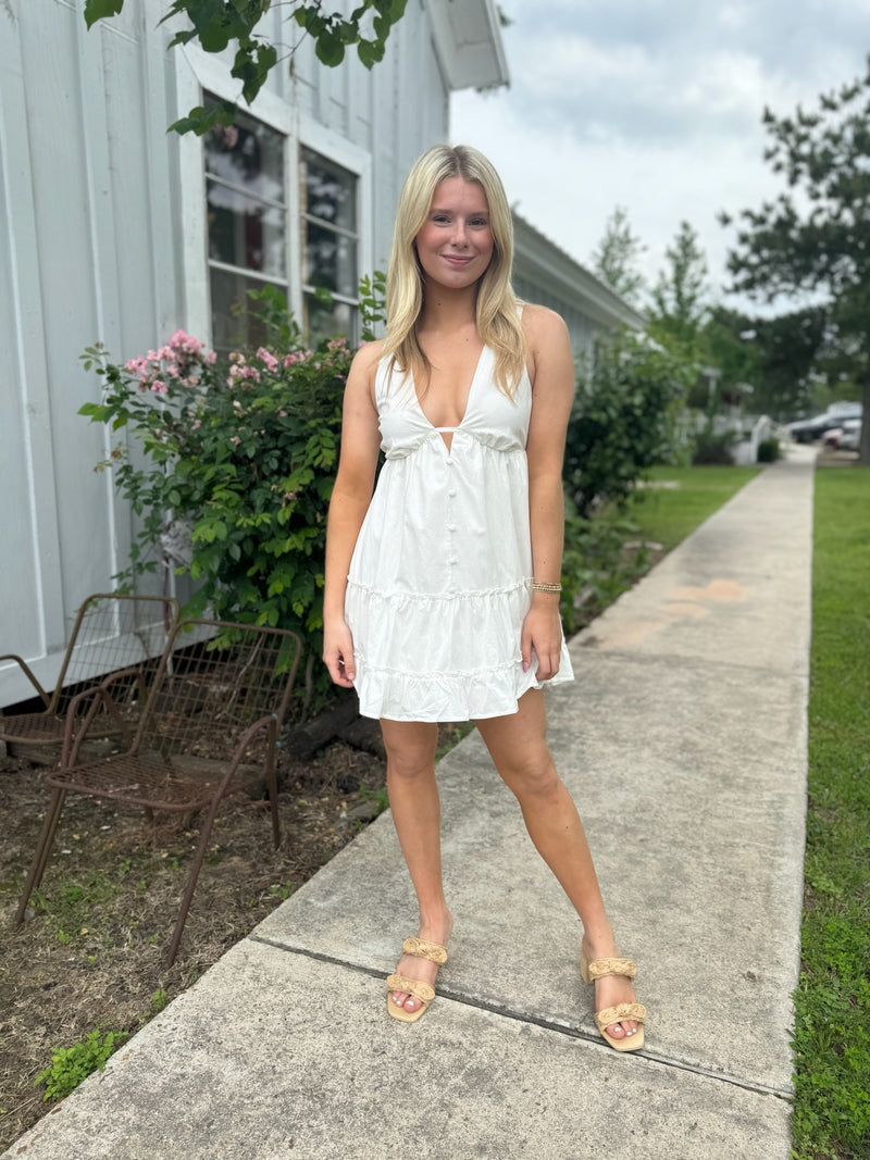 White Sleeveless V-Neck Ruffled Mini Dress