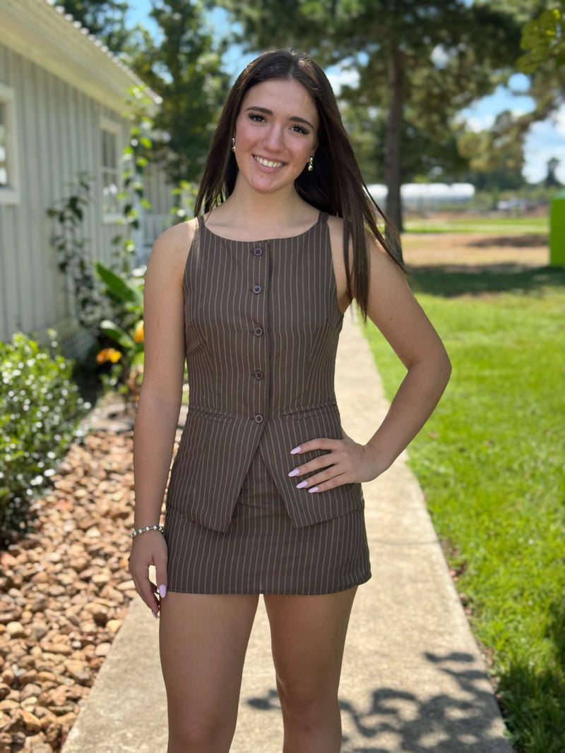 Lila Brown & Beige Stripe Skort Set