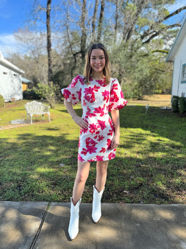 Off White and Fuchsia Floral Dress