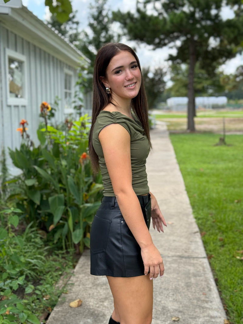 Jessie Button Wrap Leather Skort - Black