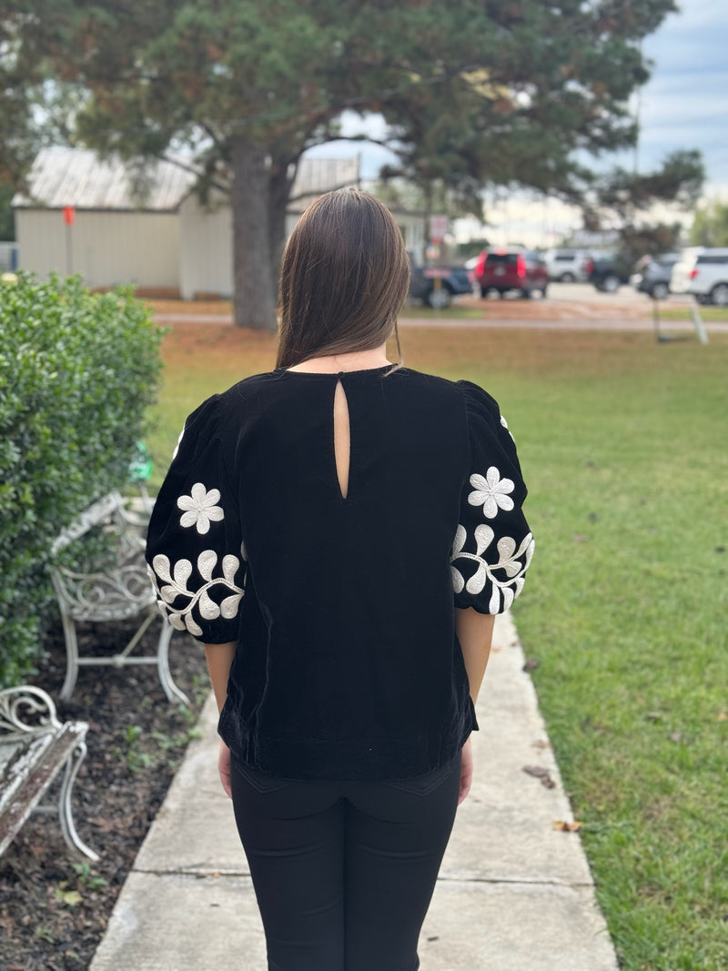 Black Velvet Embroidered Top