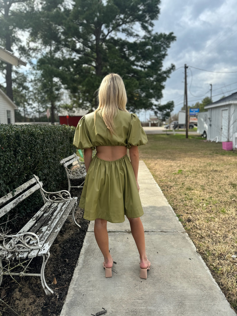 Olive Vegan Leather Cut-Out Dress
