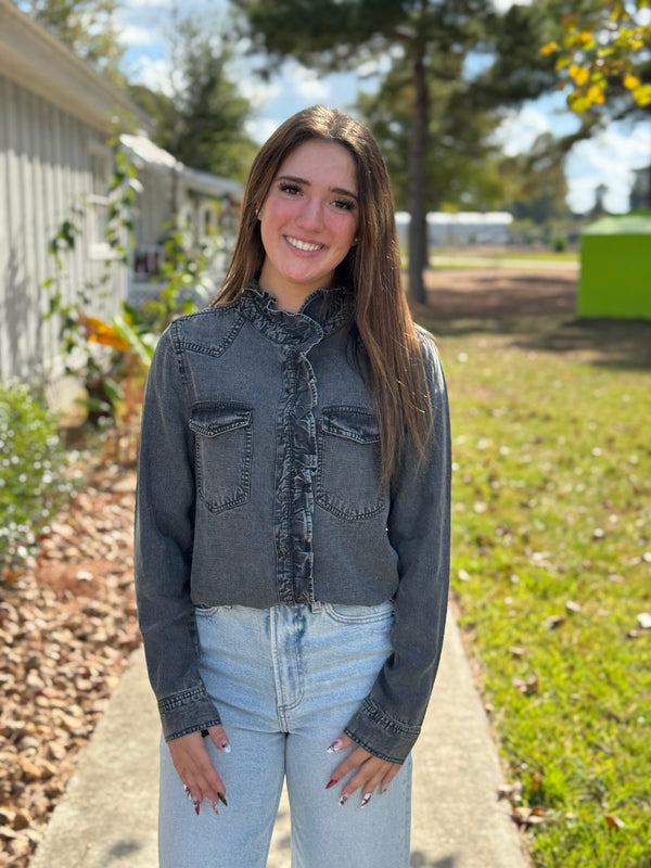Denim Ruffle Snap Shirt - Black