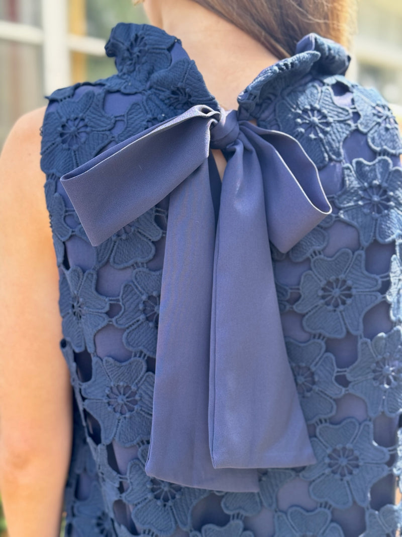 Navy Lace High Neck Sleeveless Dress with Back Bow Tie