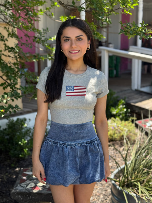 Callie Puff Hem Denim Mini Skirt