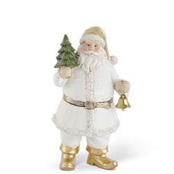 7.5 Inch White & Gold Resin Santa with Tree & Bell