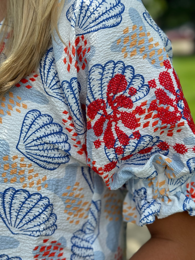 White Shell Print Top