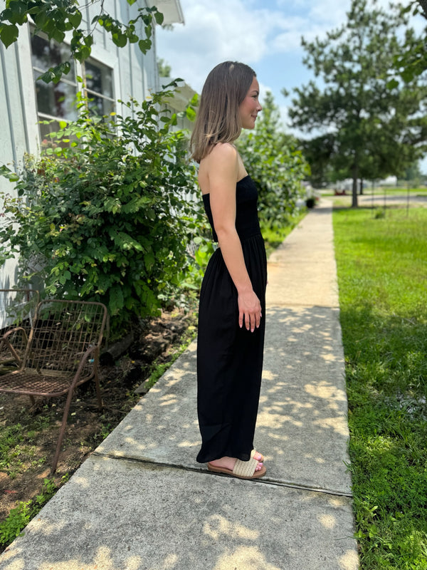 Black Smocked Open Back Jumpsuit