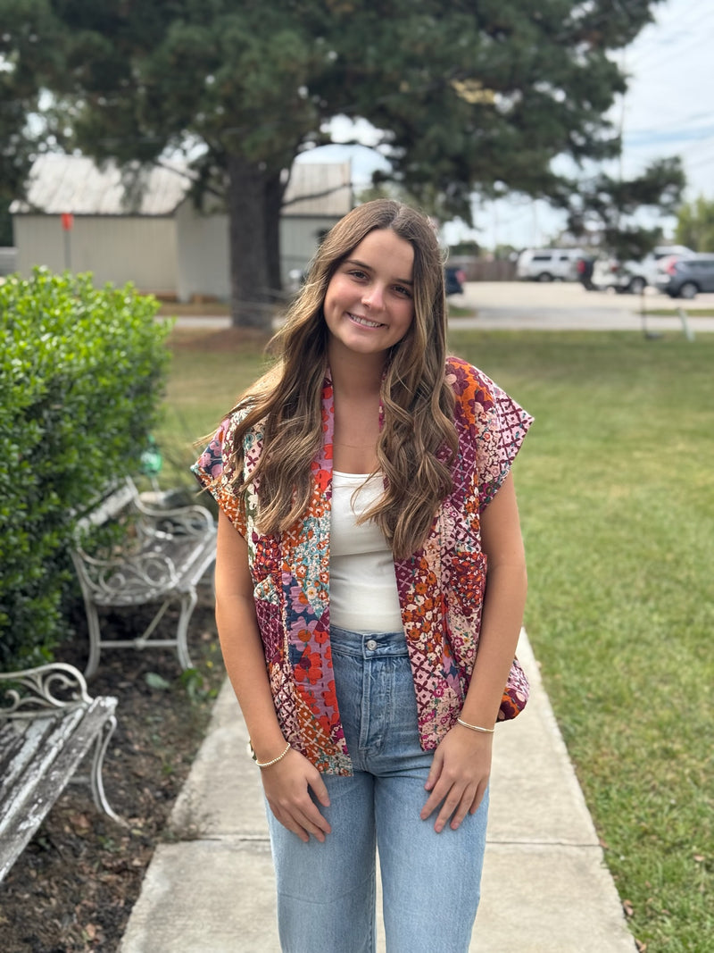 Patchwork Quilted Vest – Cactus Flower