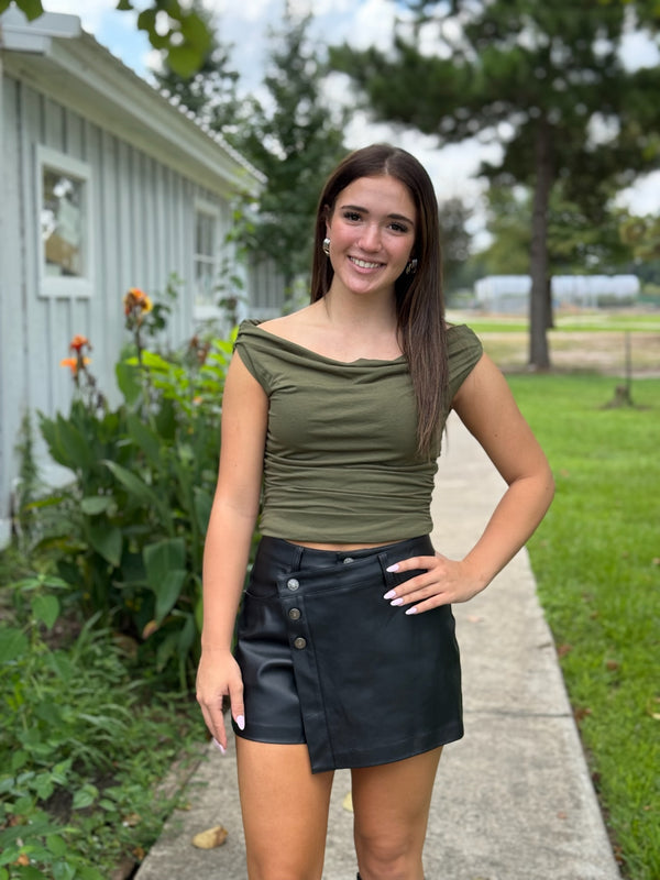 Jessie Button Wrap Leather Skort - Black