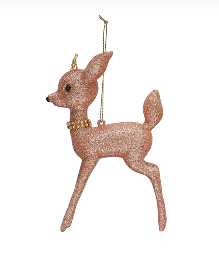 Pink Sparkle Deer Ornament with Crown Cactus Flower