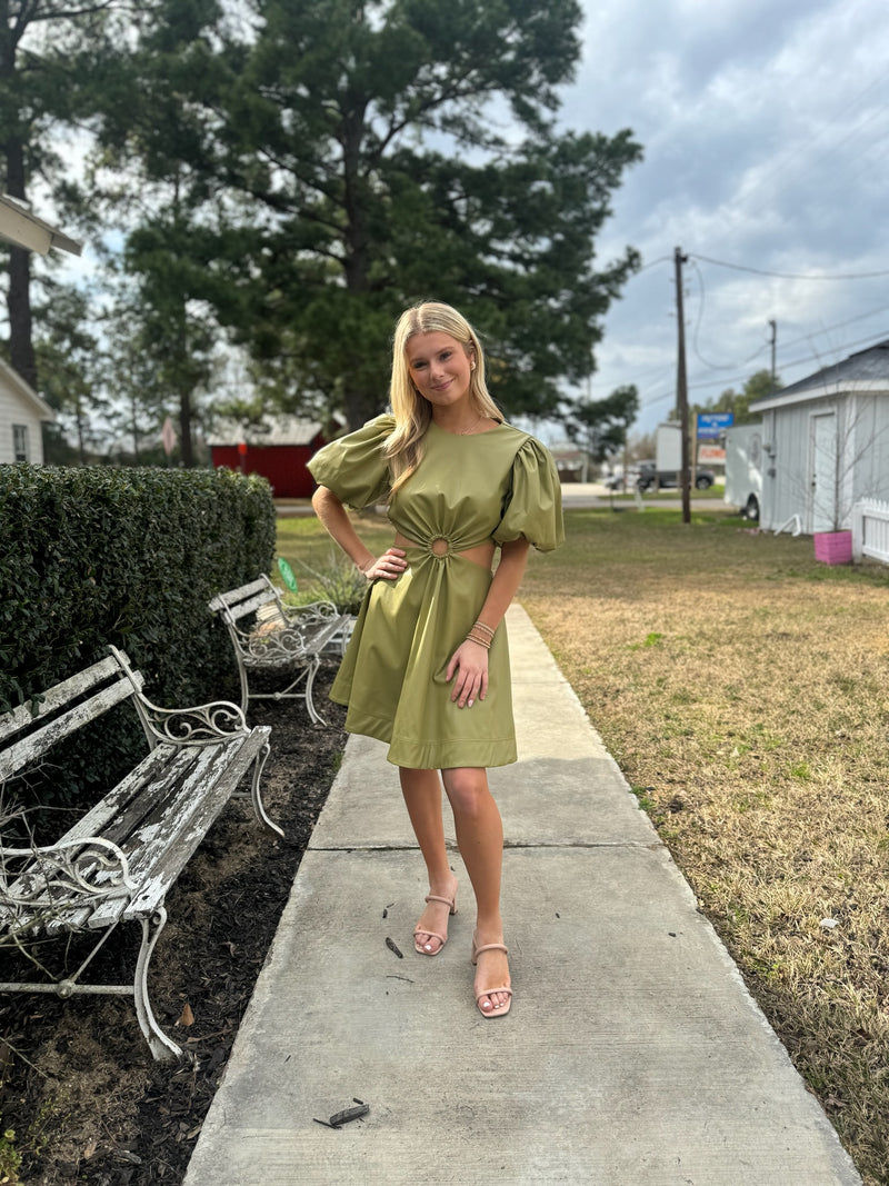 Olive Vegan Leather Cut-Out Dress