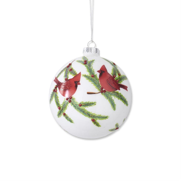 5.25 Inch Glittered White Round Glass Ornament with Cardinals