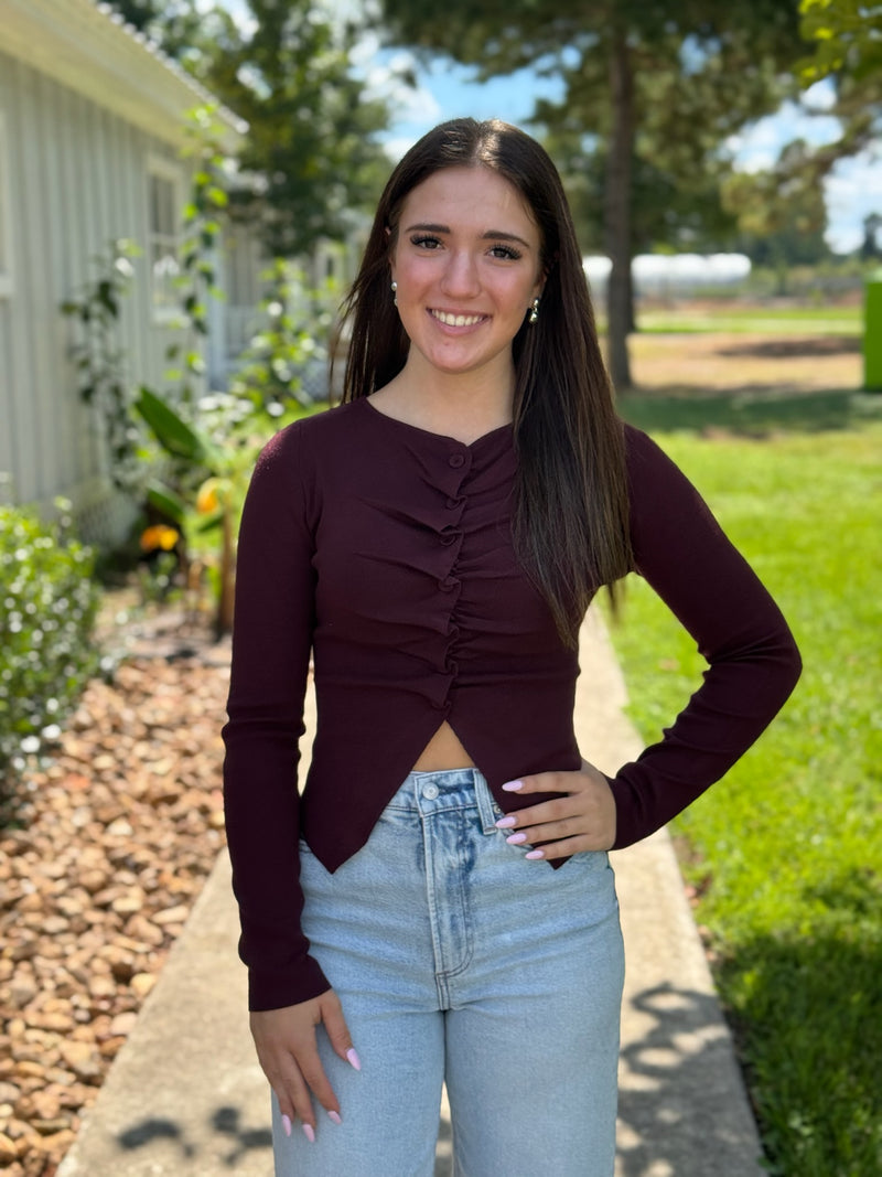 Taylor Pleated Sweater Top - Burgundy