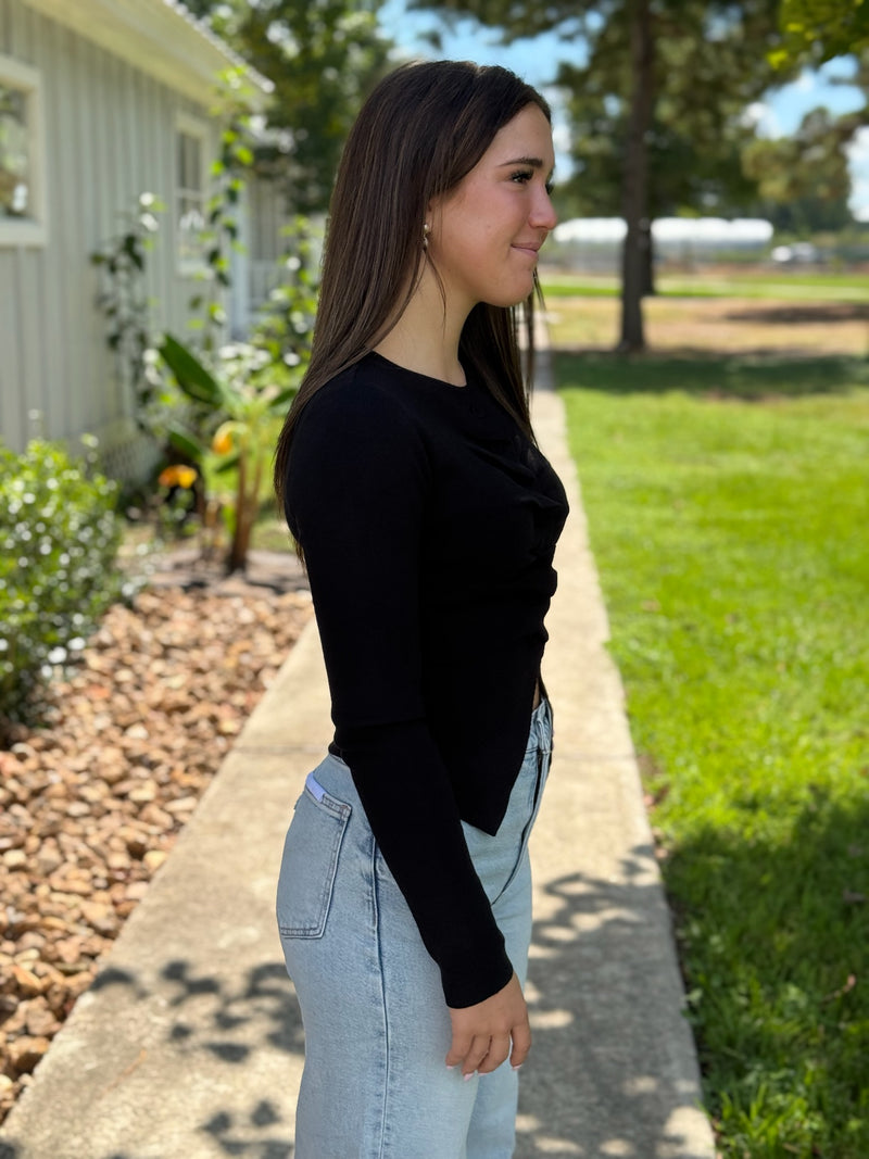 Taylor Pleated Sweater Top - Black