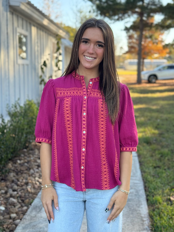 Raspberry Embroidered Gauze Top
