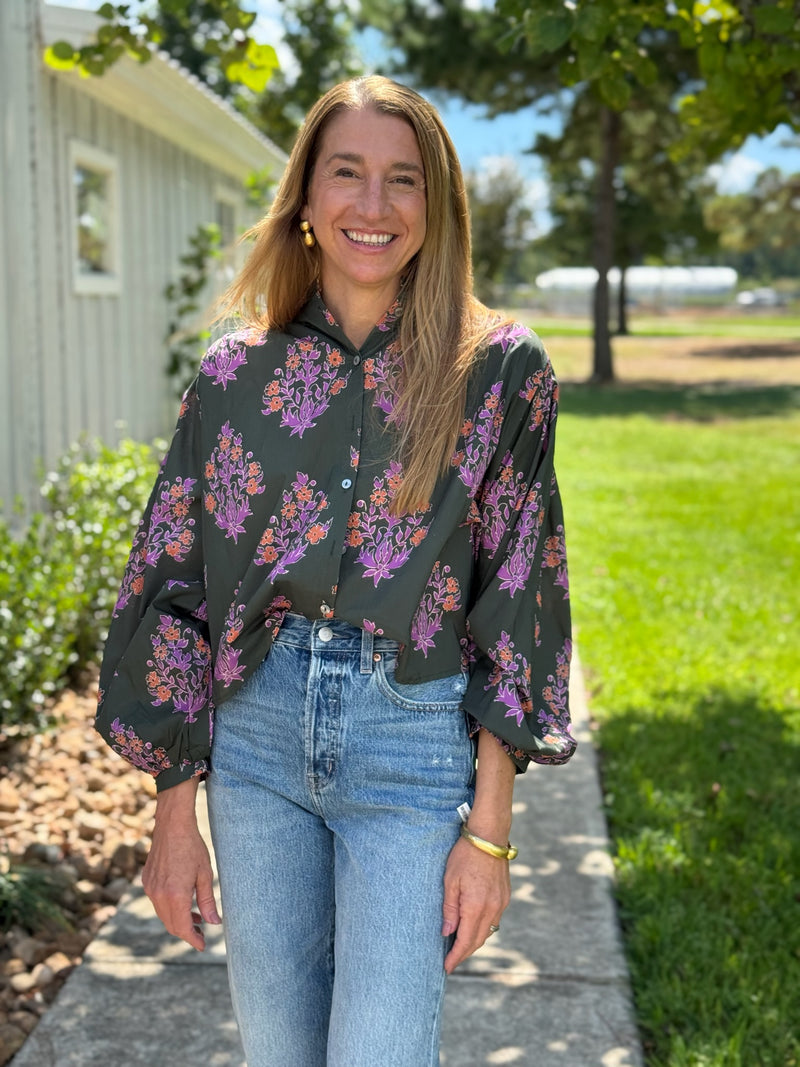 Hannah Floral Top - Dark Olive