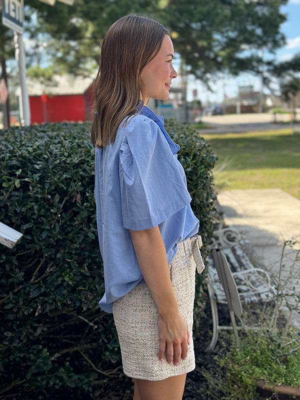 Chambray Puff Sleeve Top