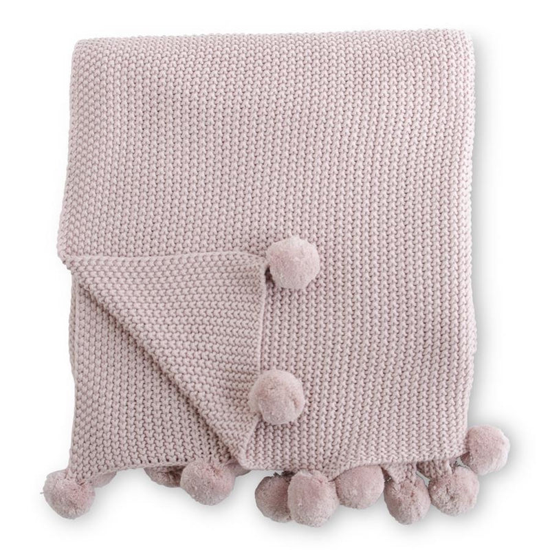 Moss Stitch Knit Throw Blanket with Pompom Trim