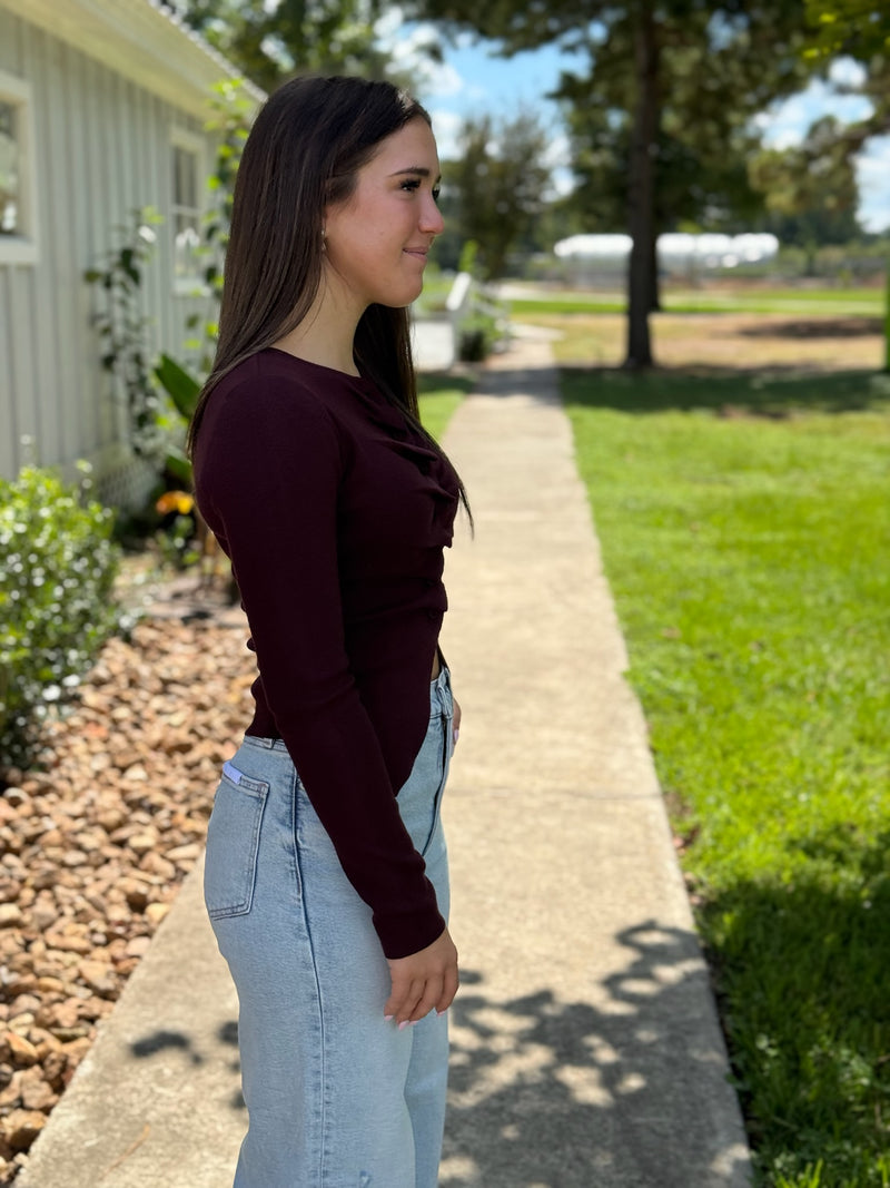Taylor Pleated Sweater Top - Burgundy
