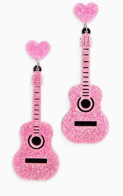Pink Sparkle Guitar Earrings