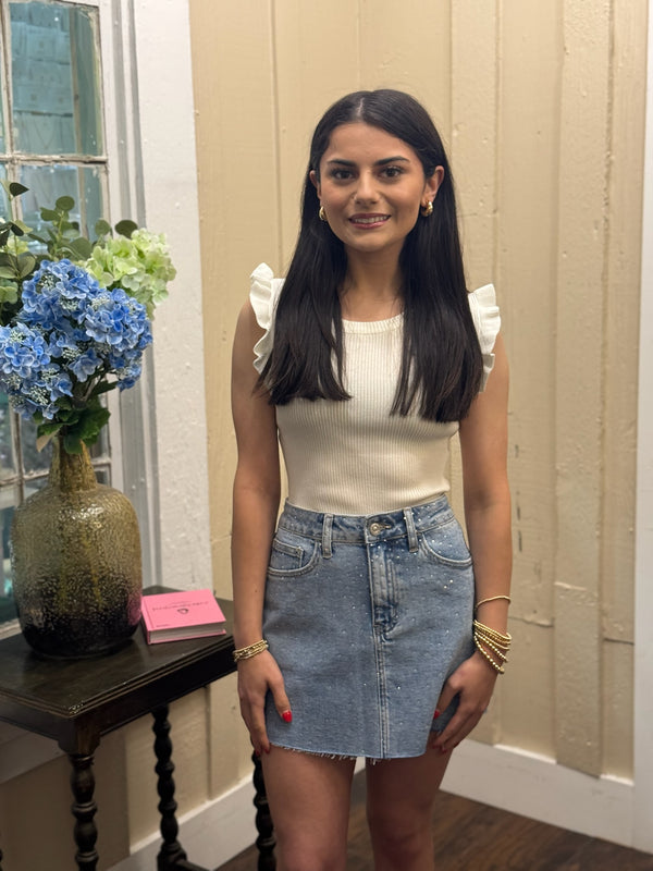 MID RISE RHINESTONES DENIM SKIRT