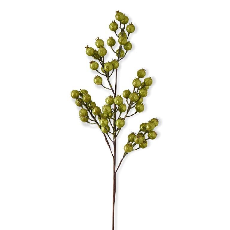 27 Inch Green Crackle Glitter Rosehip Stem