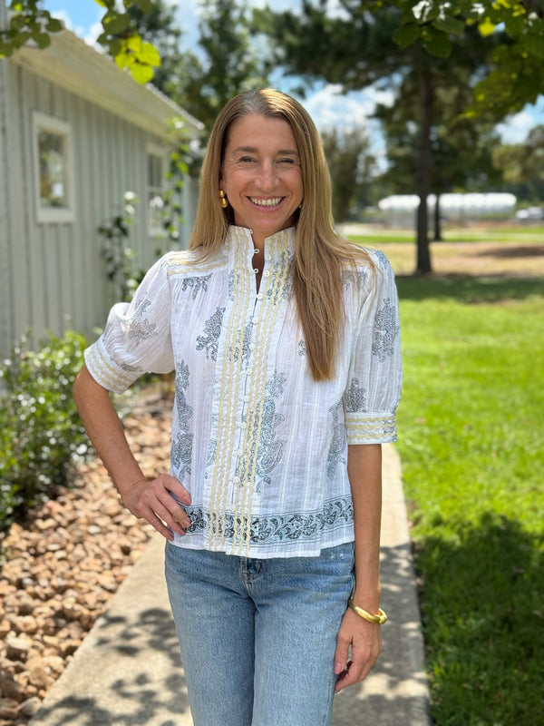 Metallic Trim Paisley Top
