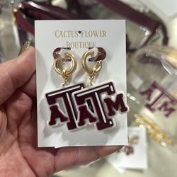 Texas A&M Aggies Resin Logo Drop Hoop Earrings in Maroon