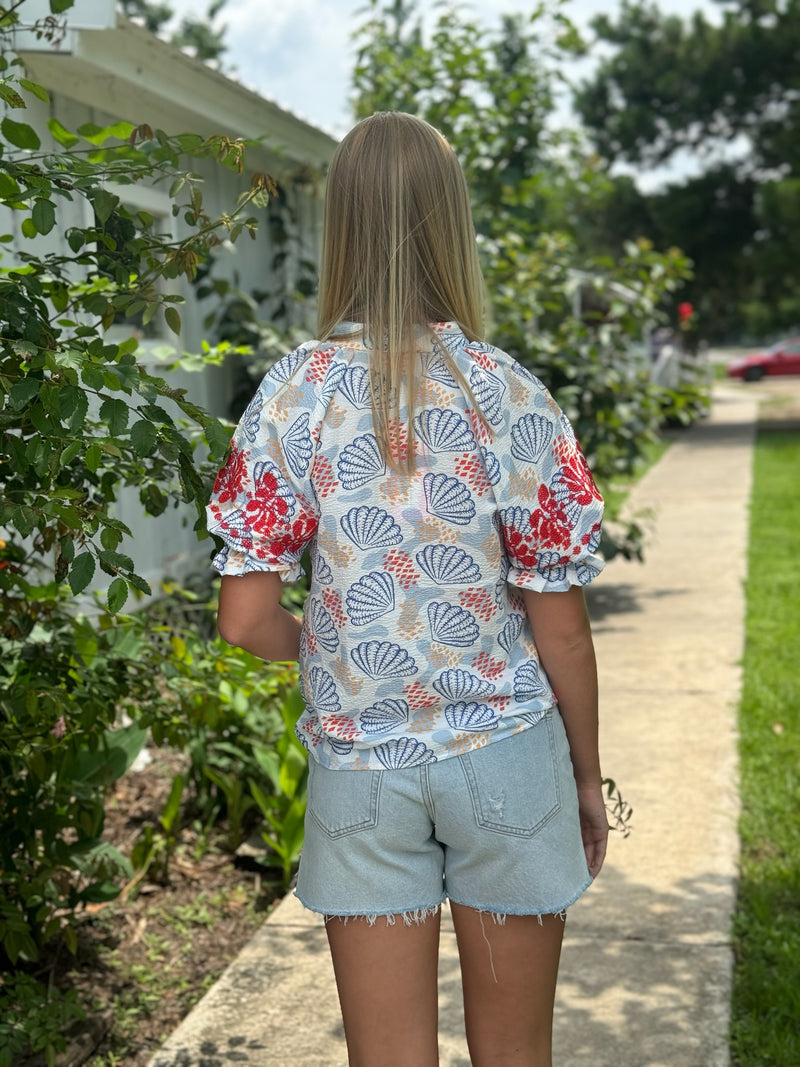 White Shell Print Top