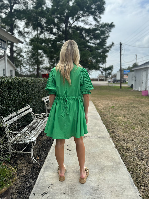 Green Cinched Ruffle Sleeve Dress