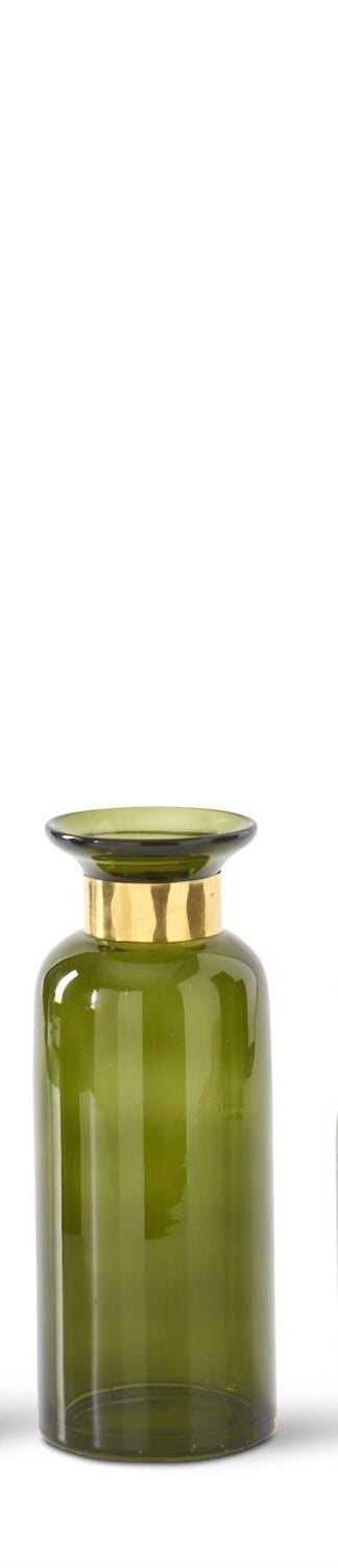 Green Glass Bottle with Gold Metal Fittings - 5.75 Inch