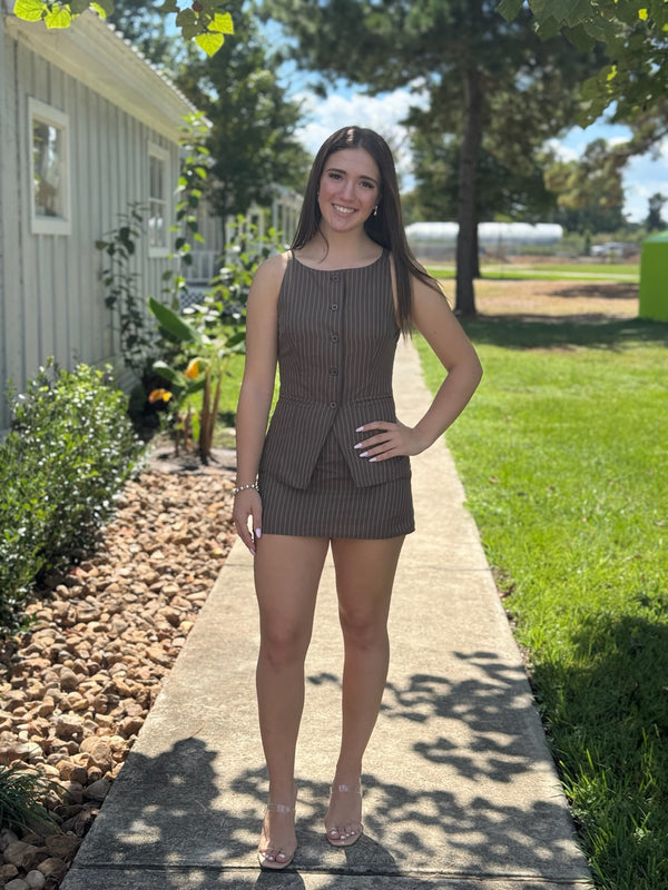 Lila Brown & Beige Stripe Skort Set