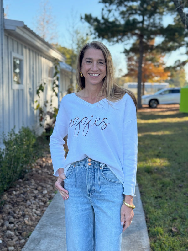 V Neck in White with Aggies