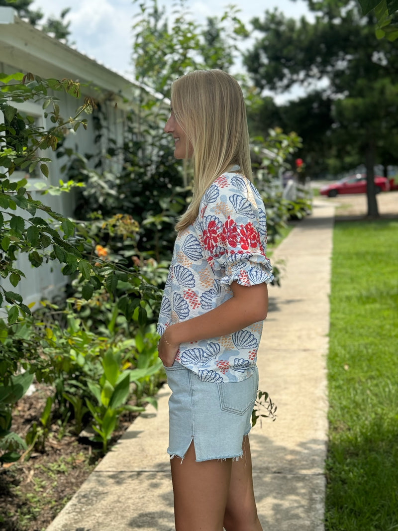 White Shell Print Top