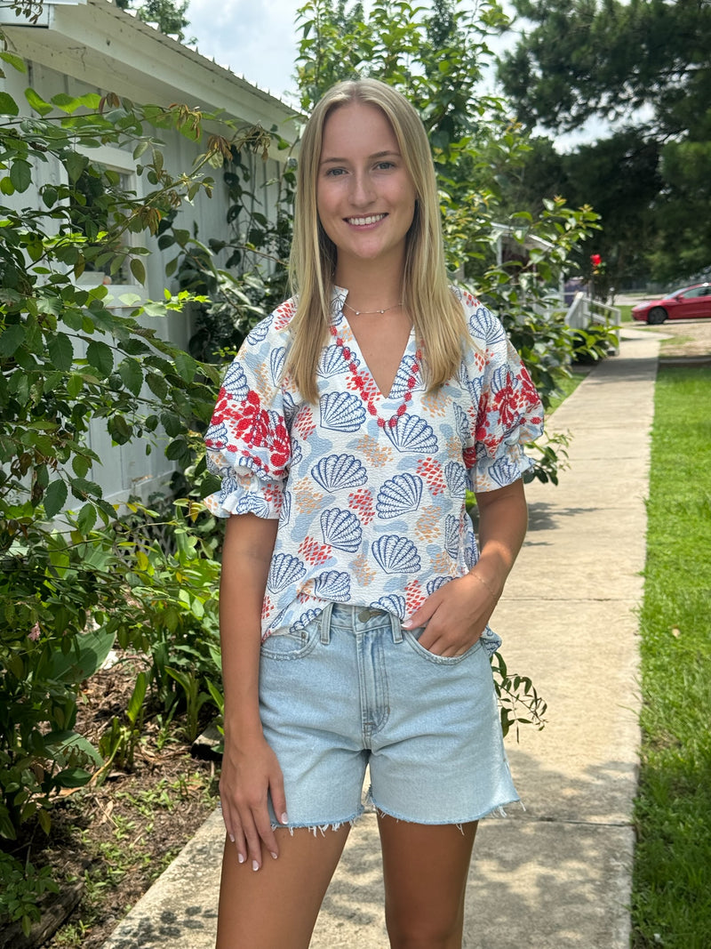 White Shell Print Top