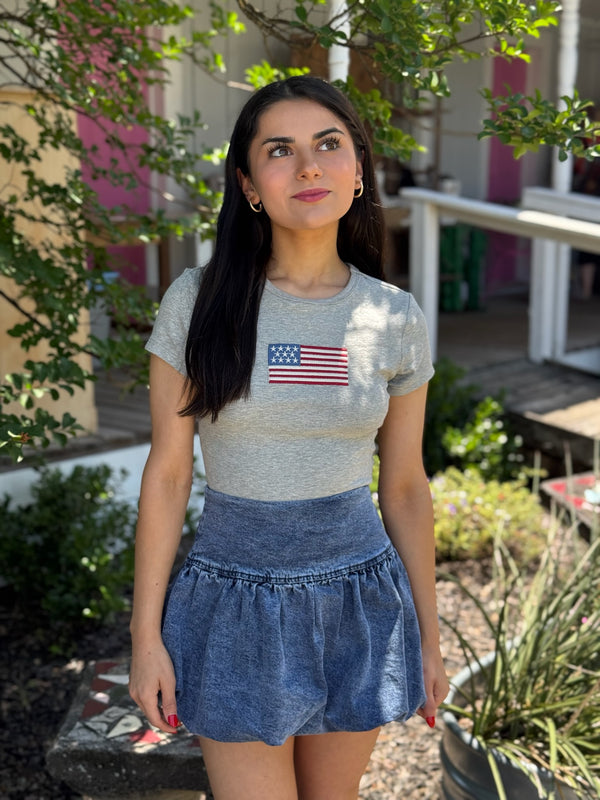 Callie Puff Hem Denim Mini Skirt