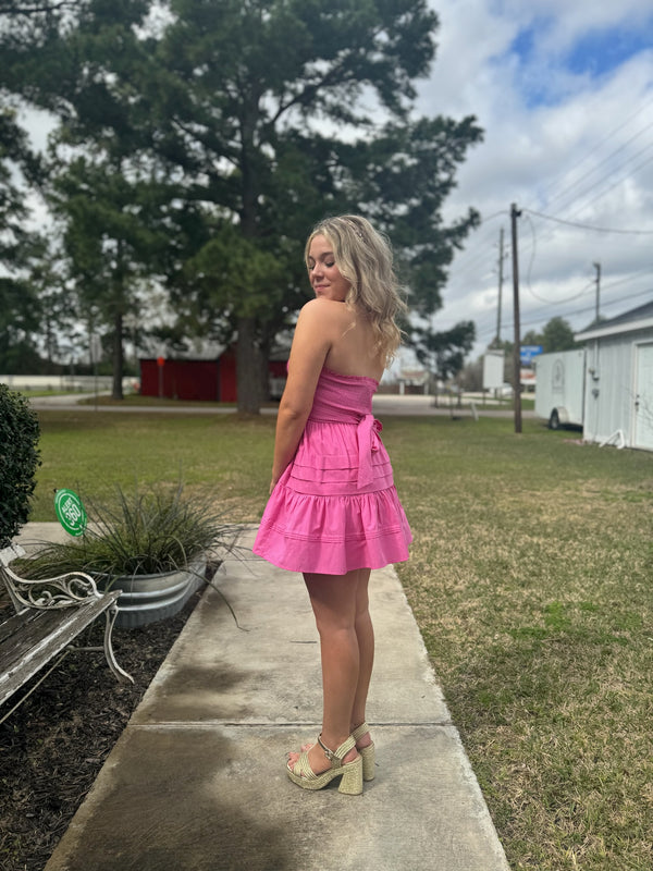 Pink Strapless Smocked Tiered Mini Dress