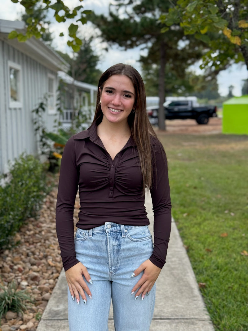 JORI LONG SLEEVE SHIRRED BUTTON UP TOP