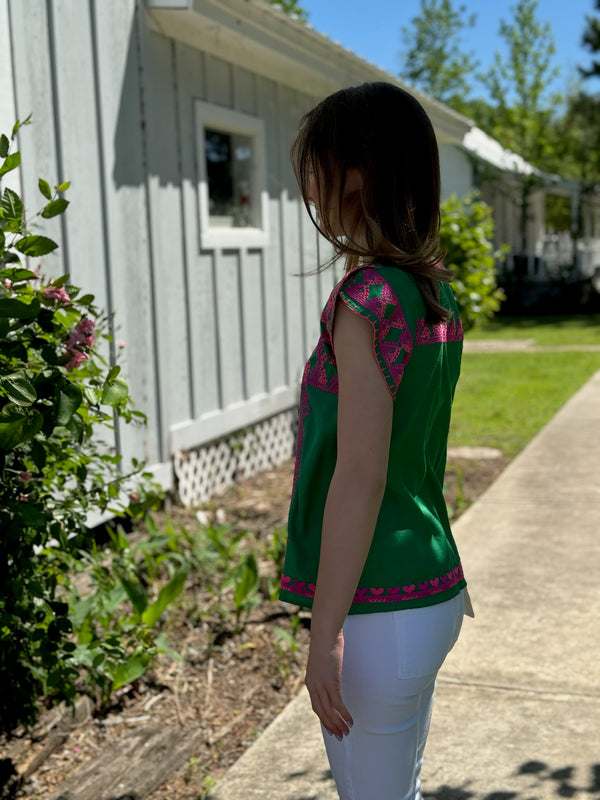 Green Short Sleeve Embroidered Top
