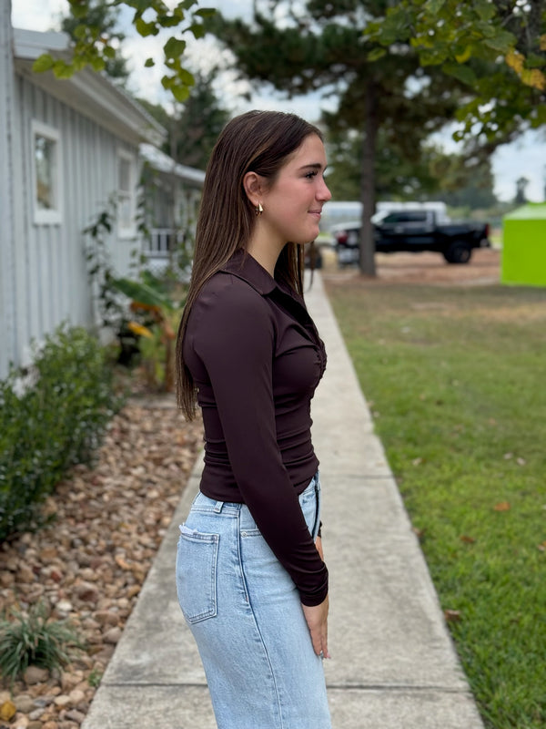 JORI LONG SLEEVE SHIRRED BUTTON UP TOP
