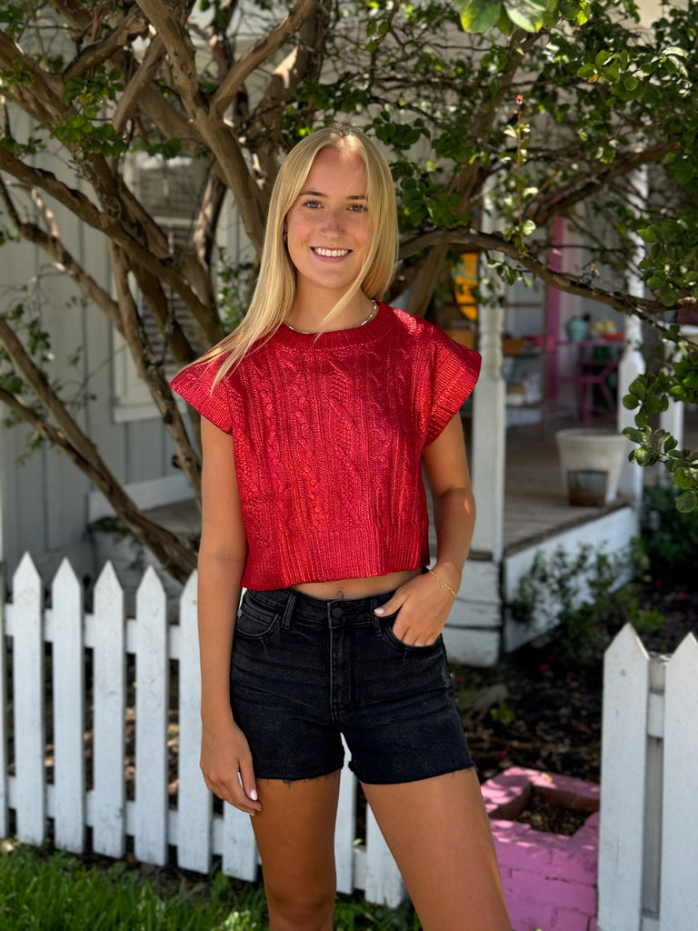 Hazel Metallic Sweater Top Red