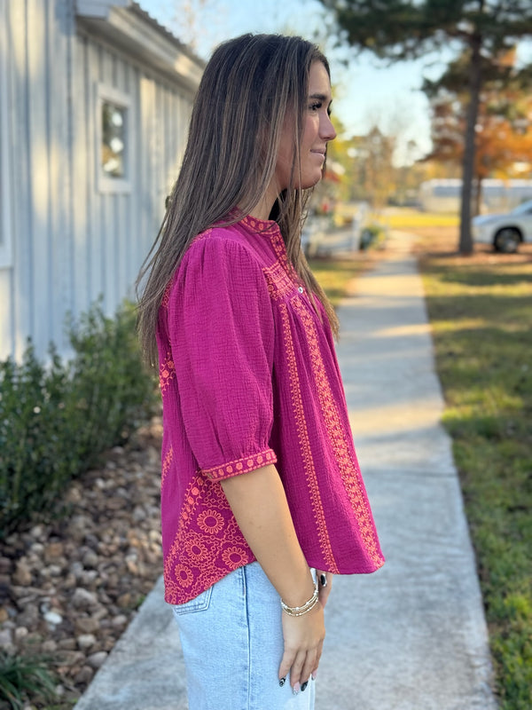 Raspberry Embroidered Gauze Top